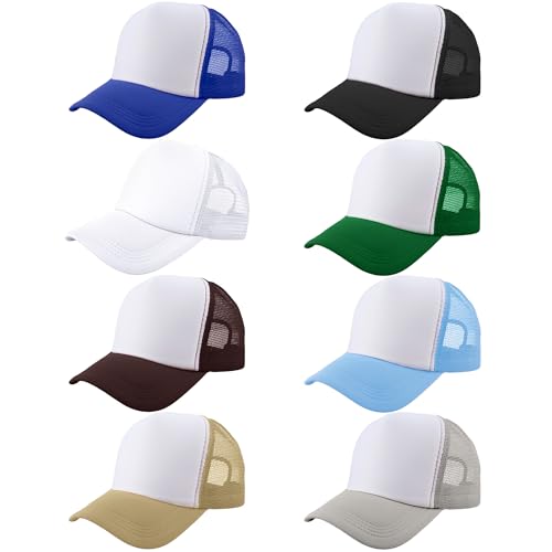 SGBETTER 8 Pack Adult Blank Trucker Hats Sublimation Mesh Baseball Cap DIY Plain Trucker Cap for Summer Outdoor Sports (US Alpha (Alpha) One Size Multicolors Set 2)