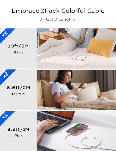 Image of LISEN USB C Cable, 3-Pack [3.3 /6.6 /10FT] USBC to USBC Cable for iPhone 16e 15 Pro Max Charger Cord, 60W (3.1A) C to C Cable Fast Charging for Samsung S25 /S24 /23, Switch 2, iPad, MacBook