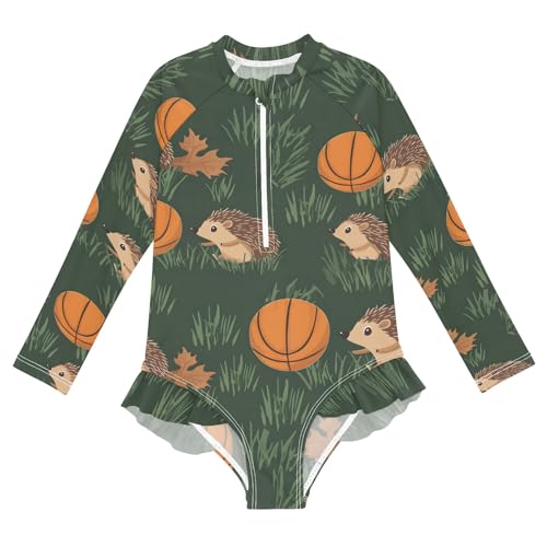 ALAZA Girls Bathing Suit Long Sleeve Rash Guard for Girls Hedgehog Basketball UPF 50+ 7-8T
