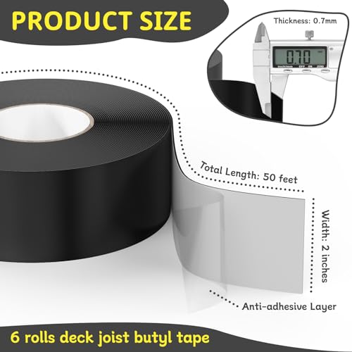 Hanotic Joist Tape for Decking 5cm x 15.2m (2'' X 50'), 6 Rolls Weather Resistance Butyl Tape, Waterproof and Anti-Corrosion, Self-Adhesive for Wood Joists Decks Beams Roof Rv
