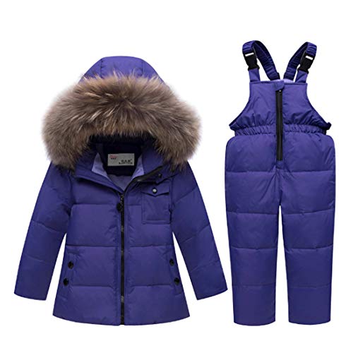 Ding Dong Baby Tollder Kid Boy Girl Winter Hooded Fur Down Parka Puffer Jacket+Snow Pants 2-Piece Snowsuit Skisuit Set(Purple,2-3T)