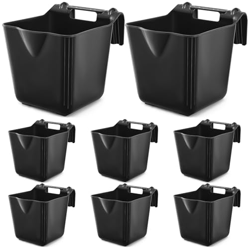Image of Marsui 8 Pcs 15 Quart Horse Feeders for Stall Hook Over Hanging Fence Hay Feeder Mountable Livestock Plastic Feed Bucket for Farm Stalls Pasture, Stable to Feed Horses Sheep Cattle Cows Etc (Black)