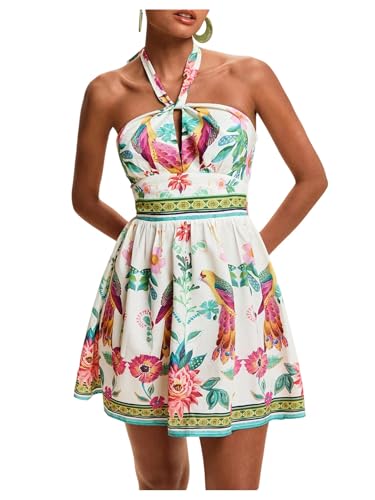 Image of Floerns Women's Floral Print Sleeveless Halter Neck Tie Back Summer A Line Dress