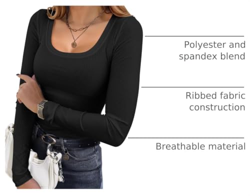 Image of Ekouaer Womens Long Sleeve Shirts Square Neck Slim Fit Basic Tops Ribbed Thermal Undershirts Layering Tee