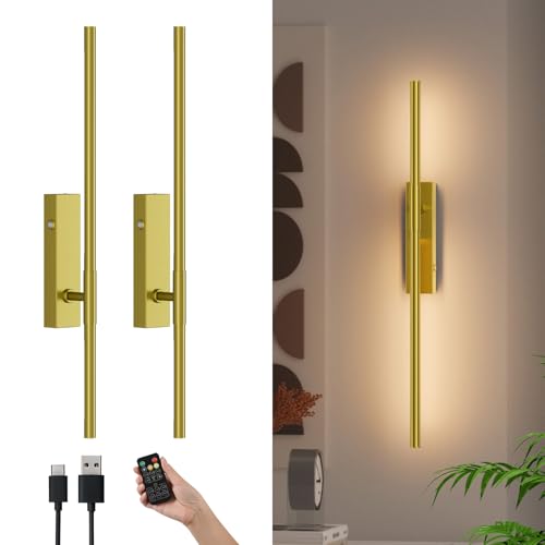 Image of Battery Operated Wall Sconces with Remote Control, 5W 5000mAh Dimmable Wireless Wall Sconces Set of 2, Rechargeable Wall lights Indoor for Living Room Bedroom Hallway, 25.2inch, 2 Pack,Gold