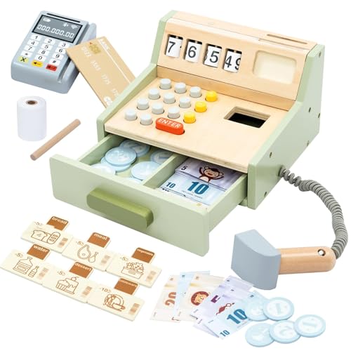 Wooden Toy Cash Register for Kids Pretend Play Shop with Money Scanner and Credit Card Montessori Toddler Grocery Cashier Role Play Educational Toy Preschool Learning Gift for Boys Girls Ages 3+