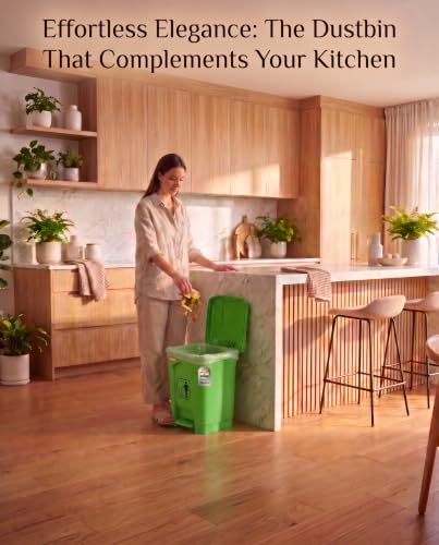 Image of pedal dustbin with lid, heavy duty plastic garbage bin, hands-free step-on waste bin for kitchen, office, home, hotel, bathroom & outdoor use (Citrus Green, 35 Liters)