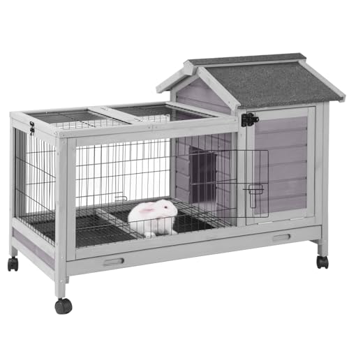Wooden Rabbit Hutch Indoor and Outdoor, Rabbit Cage with Removable Wire Netting and Leak Proof Tray, Mobile Bunny Cage with Wheels