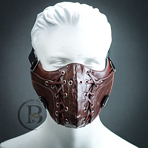 41r6HAdH97L. SL500 Retro Gothic Steampunk Leather Mask Biker Men Women Half Face Mask Airsoft Punk Rivets Black Masquerade Leather Mask (Brown/Criss Cross Lace)