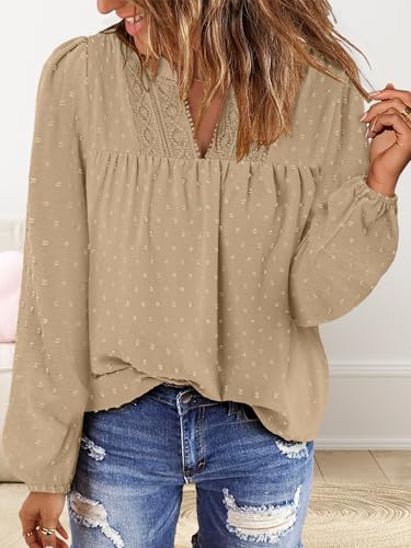 BETTE BOUTIK Women Boho Long Sleeve Shirts Dressy Casual V Neck Fall Fashion Tops Swiss Dot Flowy Blouses