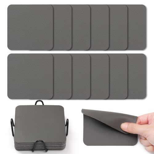 Myir JUN Coasters Glass Coasters set of 12 4 inch Double Sided Faux Leather Coaster Waterproof Non-slip Easy to Clean with Coaster Holder(Gray)