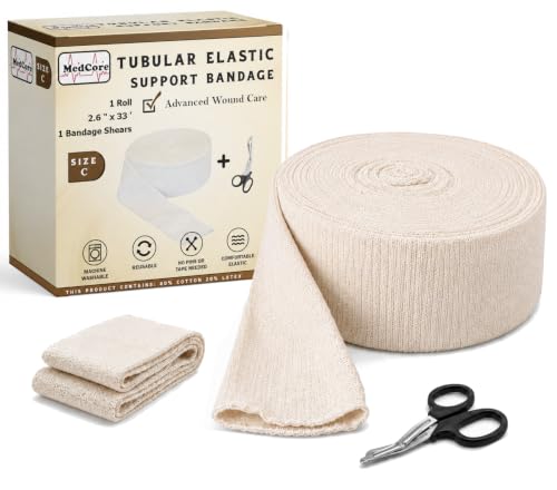 Tubular Compression Bandage Size C (2.65” x 33 ft) – Elastic Stockinette Support Sleeve for Small Knee, Elbow, Forearm, Calves, Full Arm Cut-to-Fit, Washable Reusable, No Tape – Plus Medical Scissors