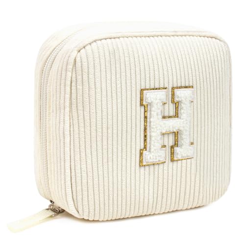 LETGO Cute Makeup Bag for Women - Monogram Personalized Initial Makeup Bags Cosmetic Pouch Make Up Case for Women Her Best Friend Friendship Sister Teacher, Birthday Gifts for Girls(Letter H, Beige)