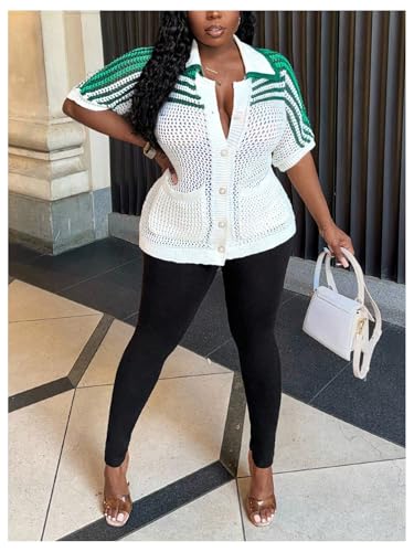 MakeMeChic Women's Colorblock Striped Hollow Out Crochet Cardigan Button Down Short Sleeve Knit Sweater3