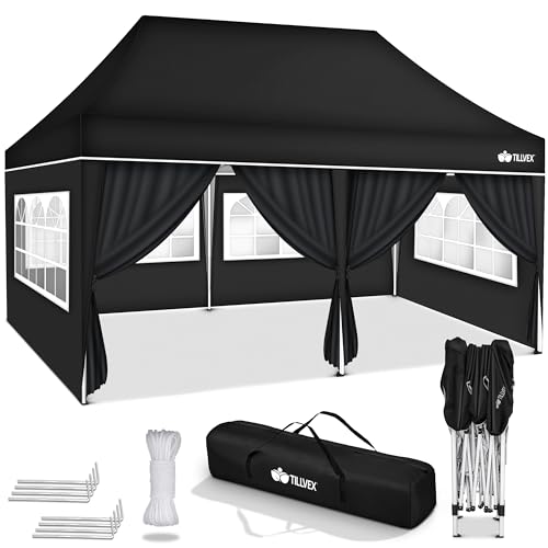 tillvex Pavillon 3x6m wasserdicht | Pop-Up Faltpavillon höhenverstellbar | Gartenzelt UV Schutz 50+ | Partyzelt mit Tasche für Garten (Schwarz - mit 6 Seitenteilen)