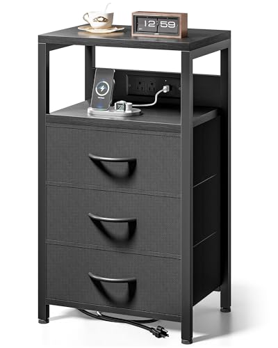 Lazzanto NightStand Bedside Charging Table Bedroom - Night Stand with Charger Station Black Modern Bed Side End Table with Open Shelf & 3 Fabric Drawers USB-C Port for Dorm Living Room
