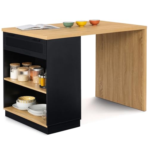 IDMarket - Ilot central mange-debout 4 personnes VITO 130 cm noir et plateau bois