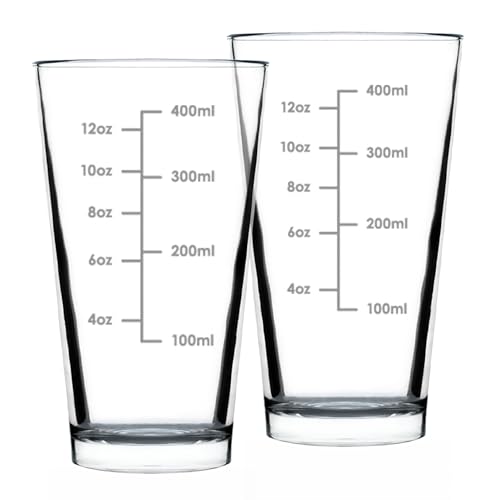 Bevvee Mixing Glass Measuring Cup - Pint Glass for Bar - Engraved Measurement Lines for Cocktails & Portion Control - Ounces and Metric - Set of 2-16 oz Glasses
