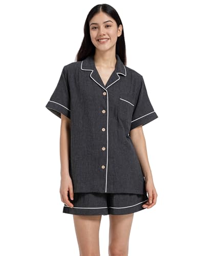 Image of Womens Muslin Pajama Set 100% Cotton Double Gauze Linen Like | Breathable Soft Comfort Button Up Loungewear Sleepwear PJ Set