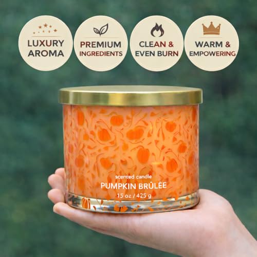 Image of Pumpkin Brulee 3-Wick Scented Large Glass Jar Candle with Golden Metal Lid | Reusable Printed Jar, 5 x 3.4 inch | 34 Hour Burn Time, 15 oz (425 g) | Home Decor & Gifting