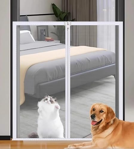 Cancelletto per Cani con Autoadesivo & Protezione Anti-Gatto, Rete per Bambini per Scale/Balconi, Barriera per Gatti Anti-Graffio, Cancello per Animali Domestici(White mesh white frame,70x80 cm)