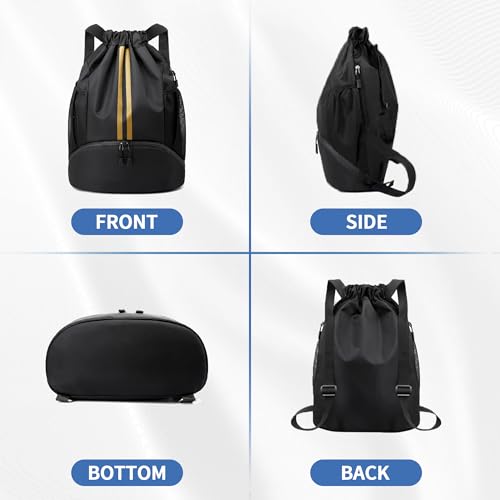 Image of JELUTAR Drawstring Backpack Gym Bag with Shoes Pocket, Black Gold | Water-Resistant String Backpack for Soccer, Basketball, Swim, Beach Cinch for Women Men, 18 L Large Capacity, Wet Pocket