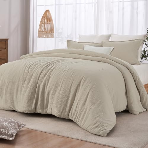 Image of PHF Cotton Muslin Comforter Set King, Ultra Soft Breathable, Taupe