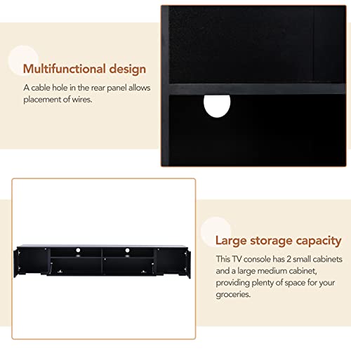 3-Pieces Modern Extended Tv Console Table For Tvs Up To 85 Inch Tv With Color Changing Led Lights For Home Theatre, 85 Inch Tv Stand, Rattan Style Entertainment Center With Push To Open Doors, Black #TOP6