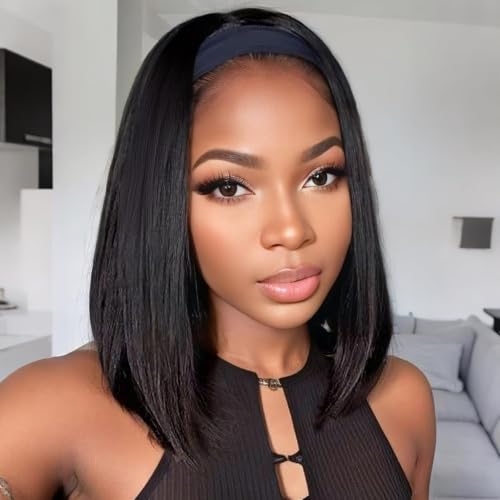 Image of XSY Headband Wig Human Hair Straight Brazilian Virgin Human Hair Wigs for Black Women Glueless No Lace Headband Wig Natural Color 150% Density 12 Inch