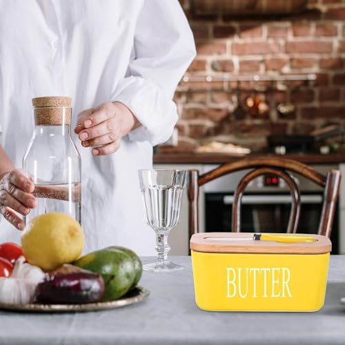 Image of Ceramic Butter Dish with Wooden Lid and Stainless Steel Knife, Large Butter Container Keeper with Bamboo Cover and Silicone Sealing Ring for West and East Coast Butter (Yellow)