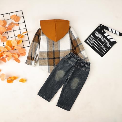 Image of Toddler Baby Boy Fall Winter Clothes Long Sleeve Plaid Hooded Sweatshirt Ripped Holes Jeans Set 1-5 Years Old