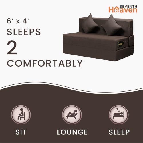 Image of Seventh Heaven Rejioce 2 Seater 4 * 6 Jute Fabric Washable Cover Sofa Cum Bed with 2 Cushions 2 Seater Double Foam Fold Out Sofa Cum Bed (Finish Color - Brown Delivery Condition - Pre-Assembled)