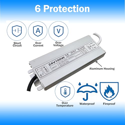 Image of Led Driver 24V Led Transformer 100W IP67 Waterproof Power Supply Ultra Thin 0.78in 100-277V AC to 24Vdc Low Voltage Transformers with 3-Prong Plug 3.3 Feet Cable Indoor Outdoor LED Light