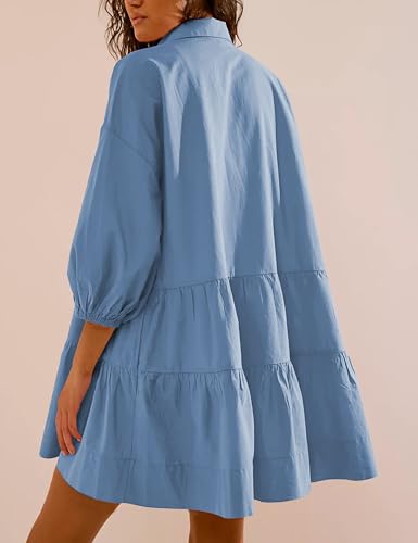 Image of HangNiFang Women's Summer Babydoll Mini Dress Flowy Puff Sleeve Tiered Button Down Oversized Tunic Dress with Pockets