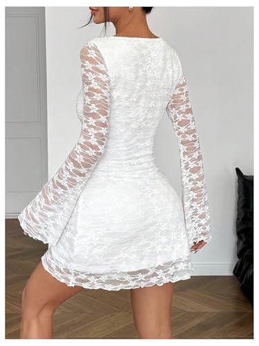 Women's Y2k Floral Lace Dress Long Bell Sleeve Mini Dresses Flare Sleeve Crew Neck A Line Dresses2