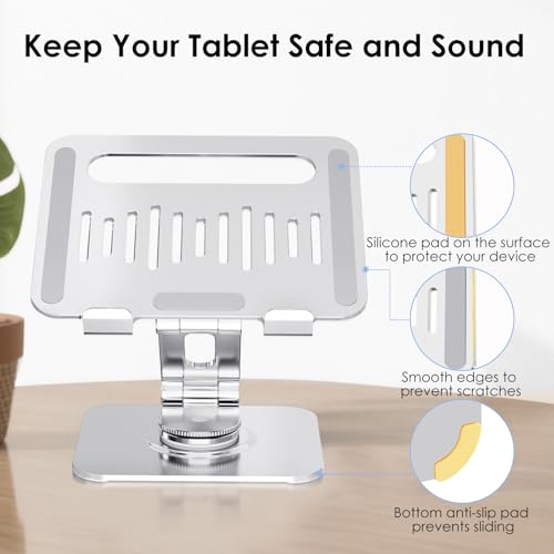 Tablet Stand for Desk, 360° Swivel for iPad Holder, Aluminum Adjustable Tablet Holder, Compatible for iPad Pro Air Mini Surface Pro Samsung Galaxy Tabs Kindle, 4-12.9 inch, Silver - Image 6