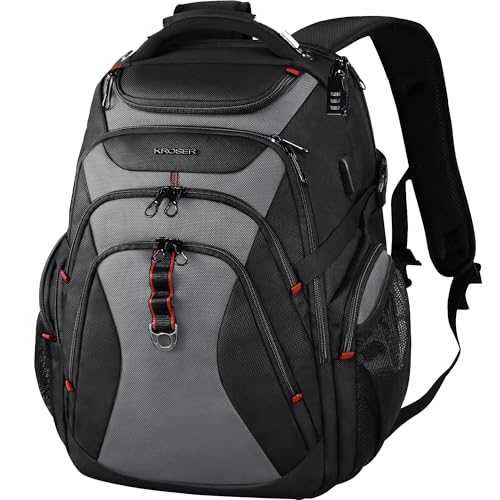 KROSER Laptop Rucksack Herren 17,3 Zoll Reise XL BusinessRucksack Schwerlast Wasserdicht mit Hartgeschältem Sicherheitsraum Ladeanschluss RFID Tasche für Männer/Frauen-Schwarz Grau