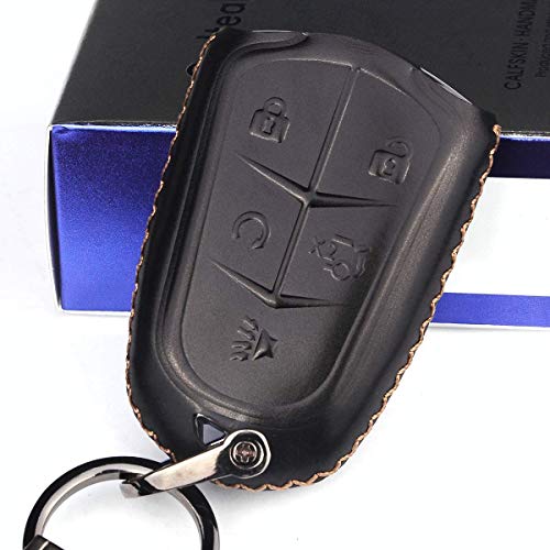 Cadtealir Calfskin Genuine Leather 2000-2018 Cadillac Escalade cts SRX xt5 ATS STS CT6 Smart Prox Remote Key fob Cover case Holder only for 5 and 4 3 Buttons