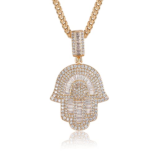 ZSLLZM Hip Hop 14K white Gold Plated Micro Iced Out Hamsa Hands Pendant with 24  Franco Chain Necklaces for Men Women(14K)
