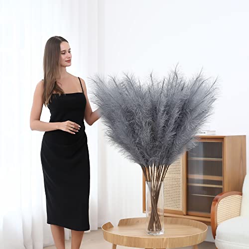 8PCS Faux Pampas Grass Decor Tall 45"/115CM, Large Artificial Grey Pampas Grass Bulk, Long Fluffy Fake Pompas for Floor Vase Filler, Flower Arrangement, Wedding, Party, Home, Boho Decor (Grey)