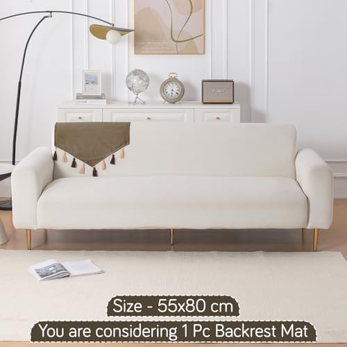 Image of HOKIPO Premium Holland Velvet Sofa Backrest Cover with Tassels - 'TasselTone Series', Coffee Brown (IN-1103-CF)