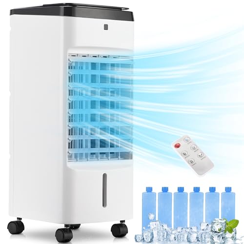 Uthfy Portable Air Conditioners, 3 IN 1 Evaporative Air Cooler with Detachable Water Tank, 6 Ice Packs, 12H Timer, 120° Oscillation, Remote, 3 Speeds, 4 Modes, Swamp Cooler for Bedroom, Office