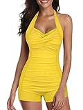 Century Star Women's Retro Halter Top Vintage Inspired Boy-Leg One Piece Ruched Monokinis Swimsuit Bathing Suits Lively yellow 14-16