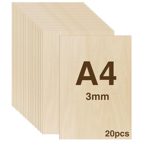 WISYOK Lot de 20 plaques de contreplaqué de 3 mm - Format A4 - Plaques en bois pour le bricolage - Pour le travail du bois, le travail du laser, la pyrogravure, le modélisme, les cadeaux, la
