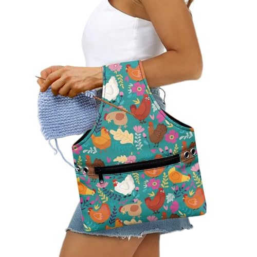 Image of KUIFORTI Boho Yarn Bag Cute Chicken Knitting Needles Holder Bag Yarn Project Bag Needlework Tool Tote Bag with Front Zipper Pocket Lightweight Casual Shopping Handbag Small Size