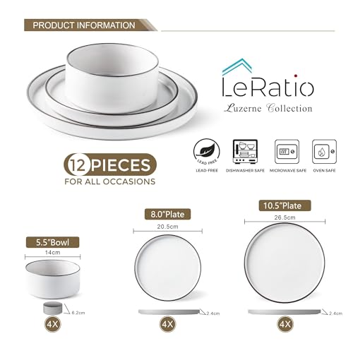 LERATIO Oven & Dishwasher Safe Stoneware Dinnerware Set for 4, High Edge Plates & Bowls, Chip Resistant & Microwave Safe