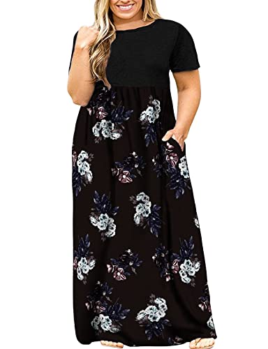 Image of Kancystore Women's Plus Size Maxi Dress with Pockets Summer Dresses XL-5X | Plus Size High Waisted Long Length Beach Dress, Empire Waist Round Neck Casual Dress, Solid Striped Floral Tie Dye Colors
