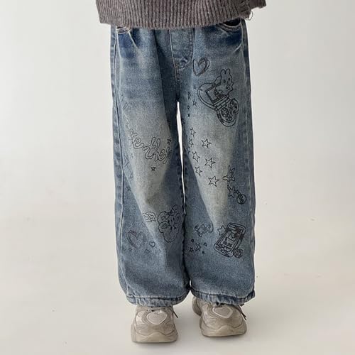 Girls Cute Wide Leg Jeans Kids Oversized Elastic Waist Denim Pants with Pockets Y2K Skater Streetwear 3-14 Years3