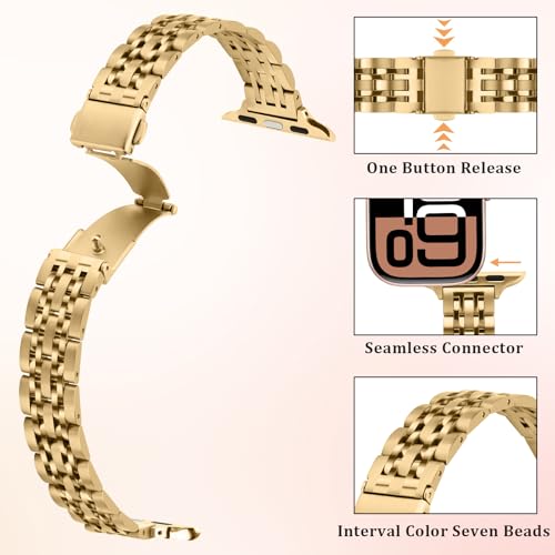 Image of Anlinser Metal Bands Compatible with Apple Watch Band for Women 49 /46 /45 /44 /42 /41 /40 /38mm, Thin Band Designed for iWatch Ultra 3-1 Series 11 10 9 8 7 6 5 4-1 SE (49 /46 /45 /44 /42mm, Gold)