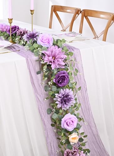 Waipfaru Flower Garland 6.07Ft Eucalyptus Garland with Flowers Silk Rose Floral Vines for Wedding Reception Table Mantle Decor (Purple)